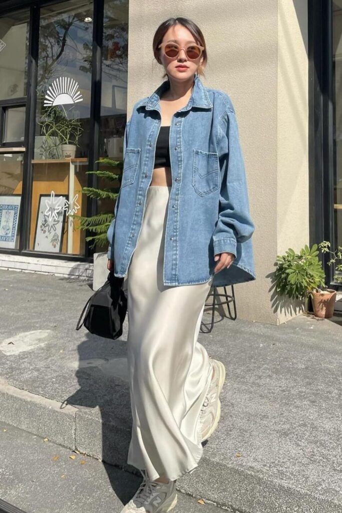 Denim Shirt and Off-White Maxi Skirt