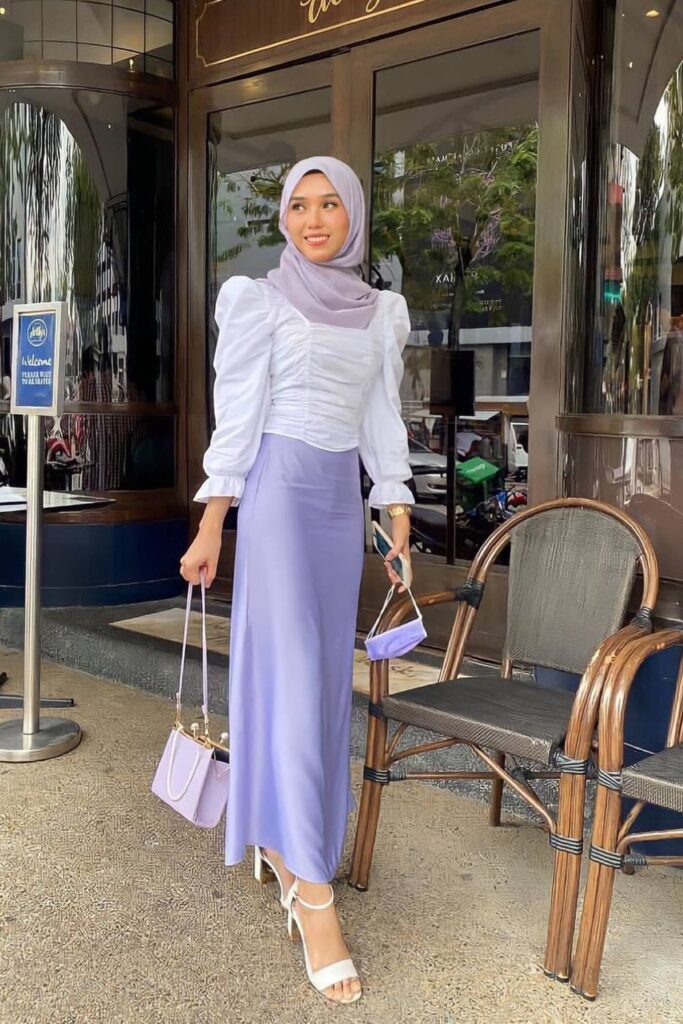 Puff-Sleeved Top and Lavender Skirt