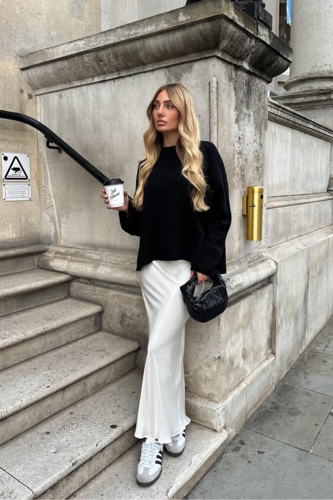 Black Oversized Sweater and White Satin Skirt