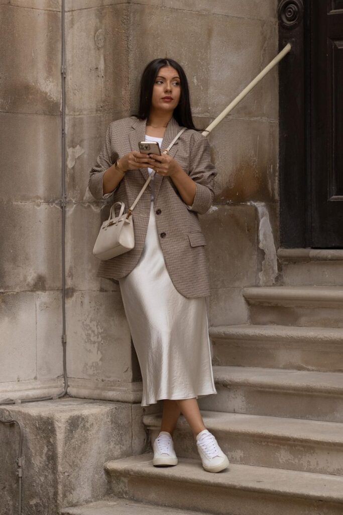 Checkered Blazer and White Satin Skirt