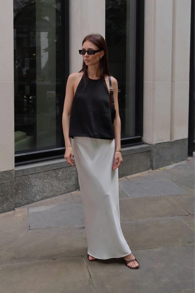 Black Tank Top and White Satin Skirt