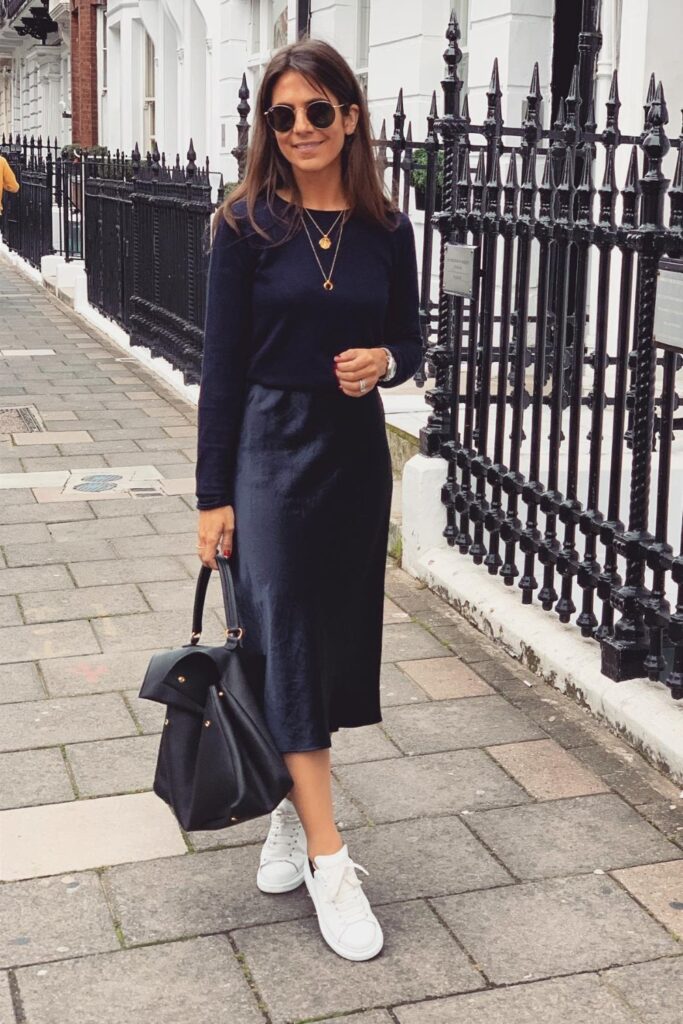 Navy Blue Sweater and Satin Skirt