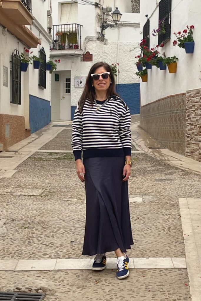 Striped Sweater and Dark Maxi Skirt