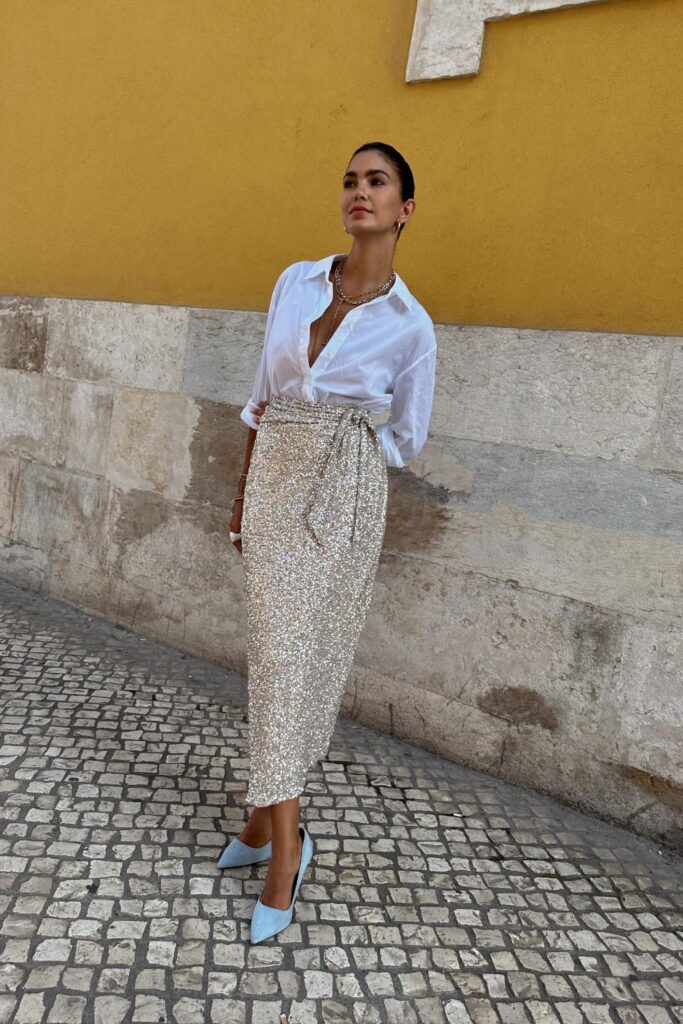 Silver Wrap Sequin Skirt and White Button Down