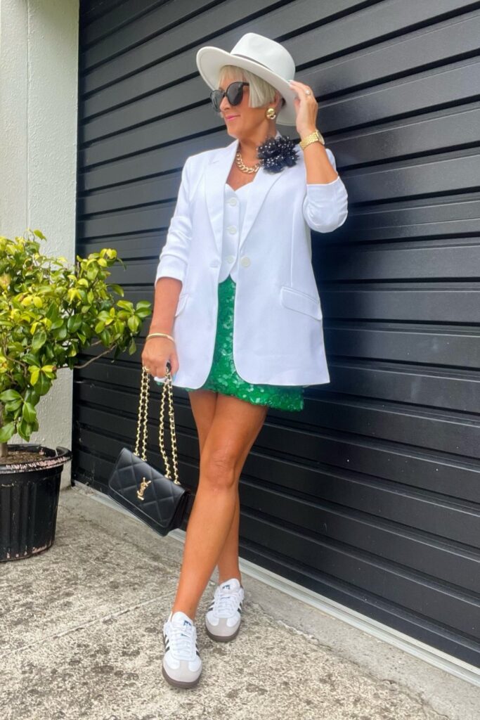 Green Sequin Mini Skirt and White Blazer