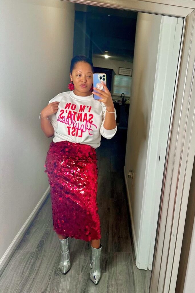 Red Sequin Midi Skirt and Graphic Tee