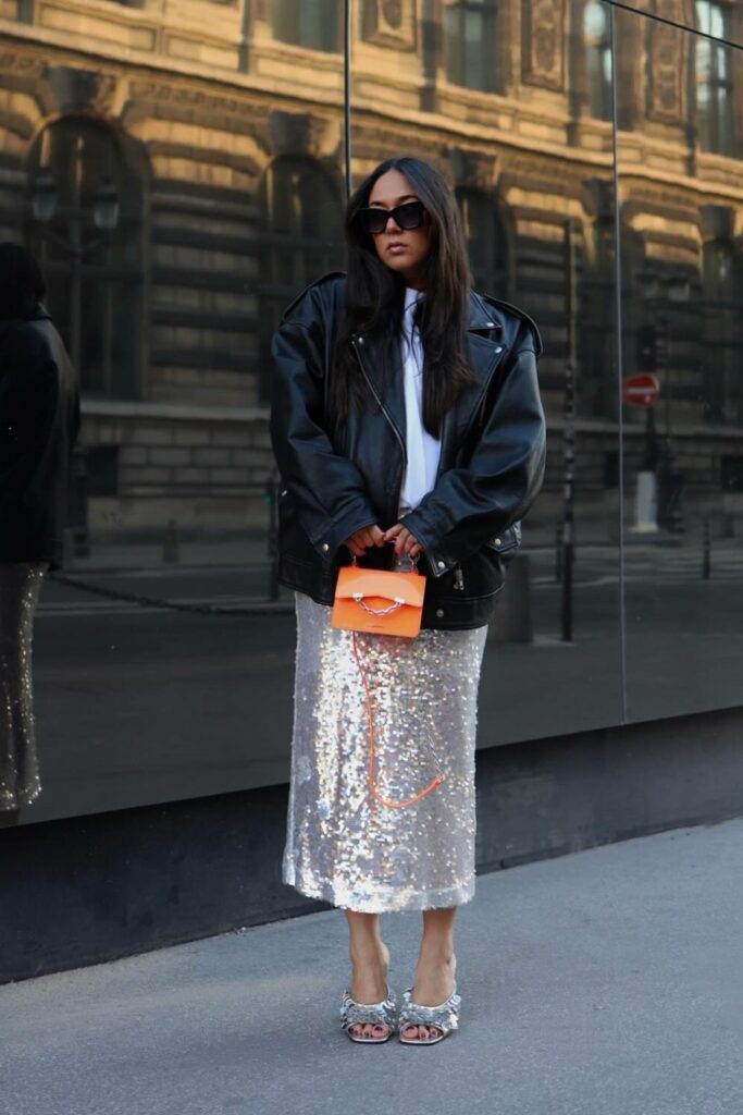 Silver Sequin Midi Skirt, Leather Jacket and White Shirt