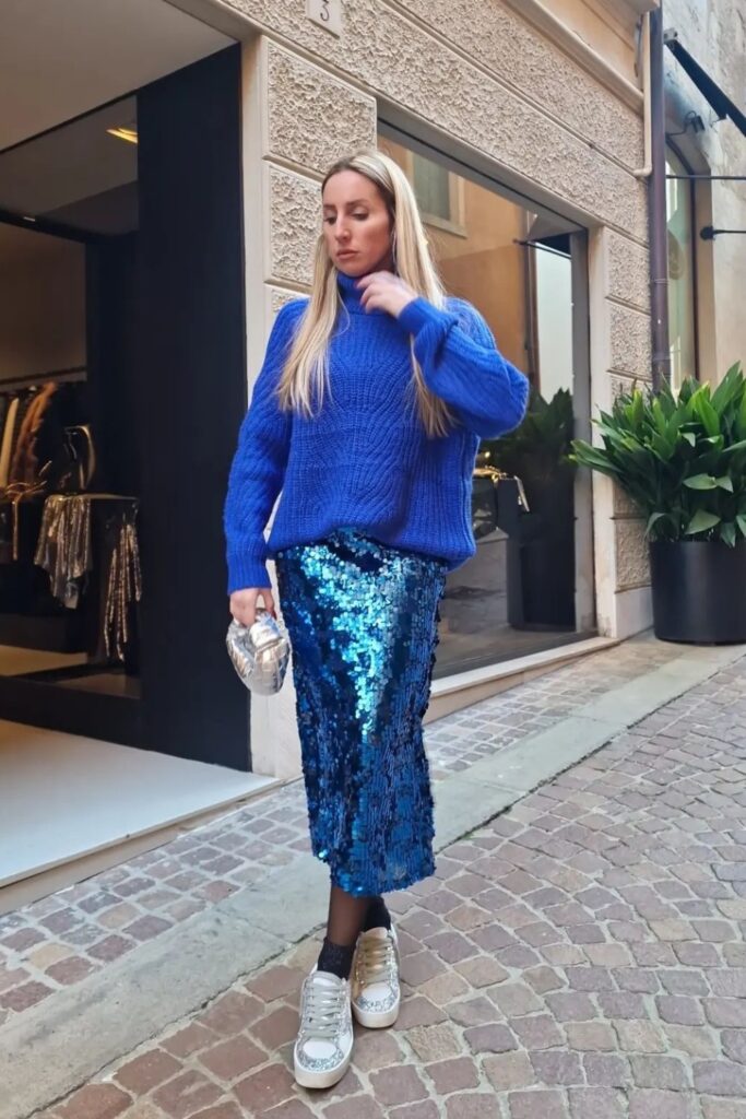 Blue Sequin Midi Skirt and Knit Sweater