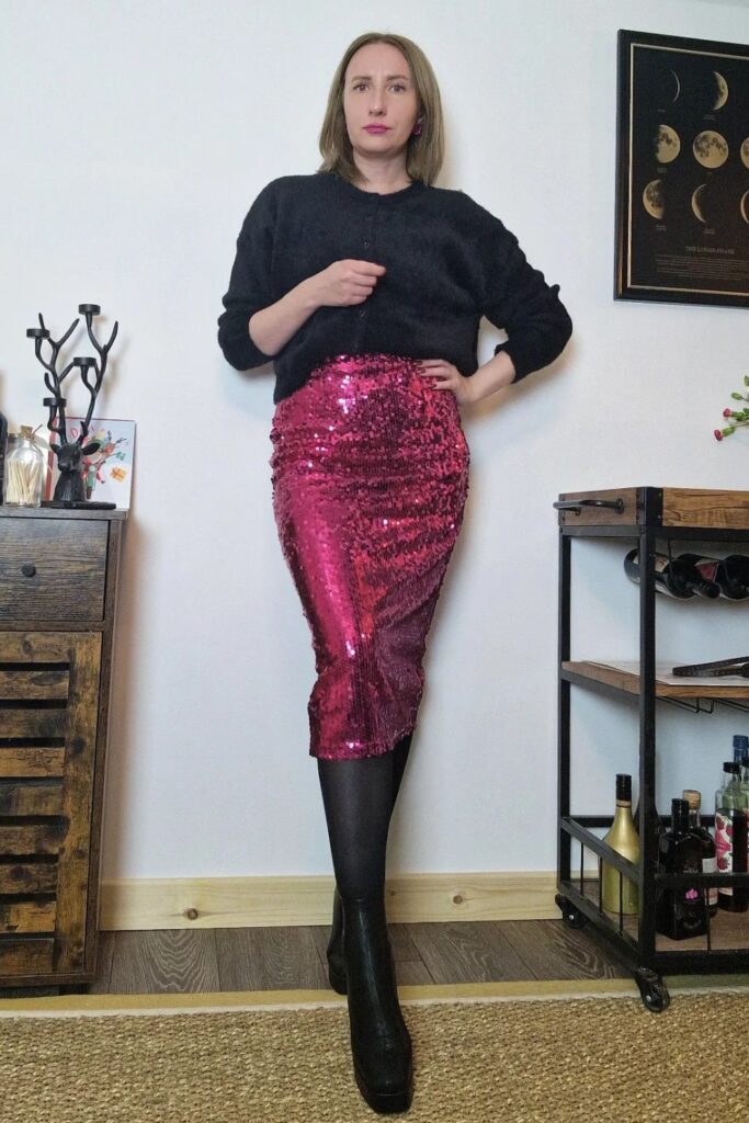 Magenta Sequin Midi Skirt and Black Sweater