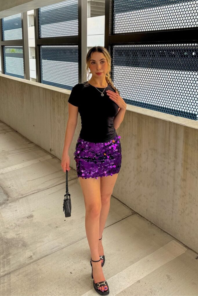 Purple Sequin Mini Skirt and Black T-Shirt