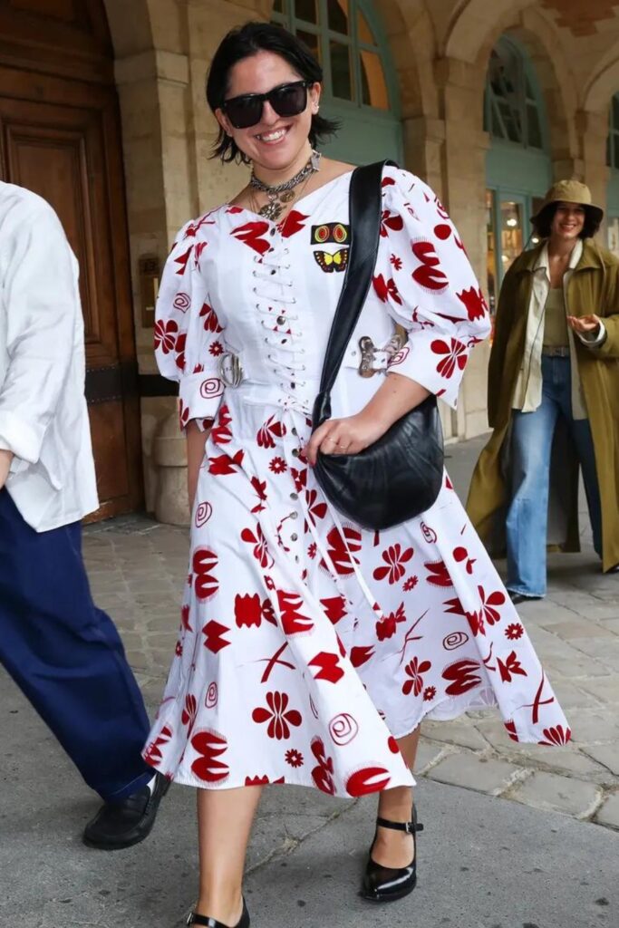 Street Style: Printed White Dress With a Heeled Mary Jane