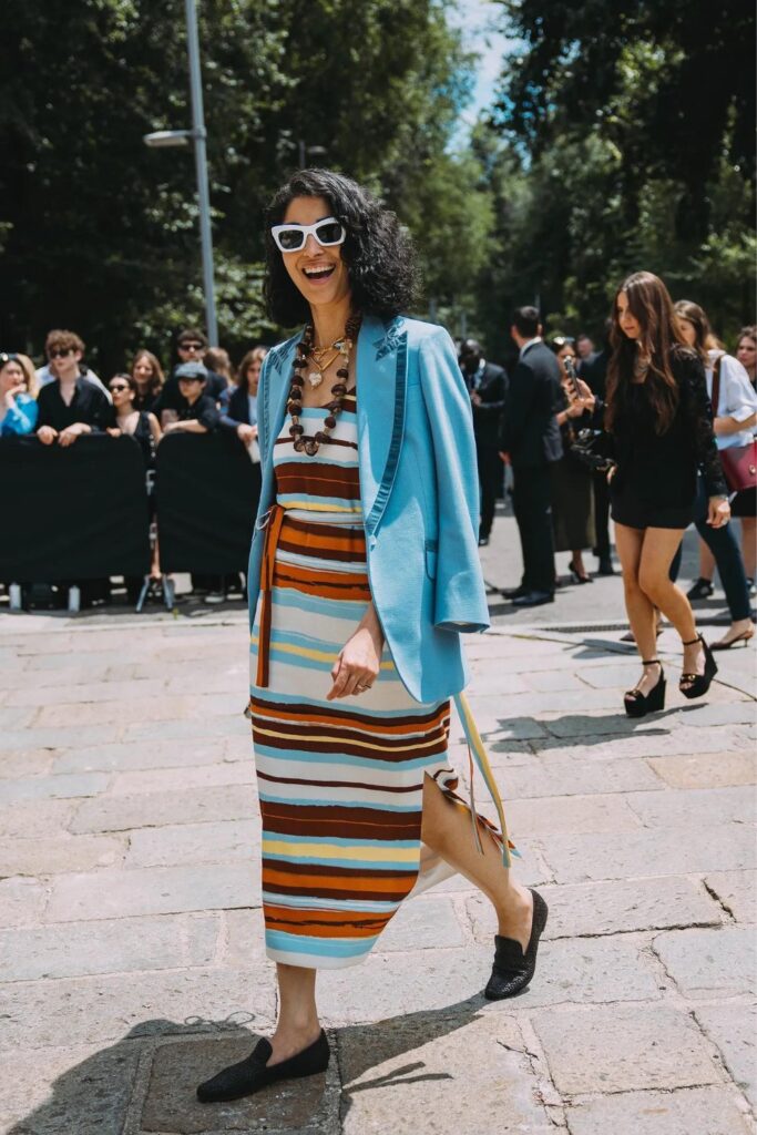 Street Style: The Colorful Frock With a Lightweight, Light Blue Blazer