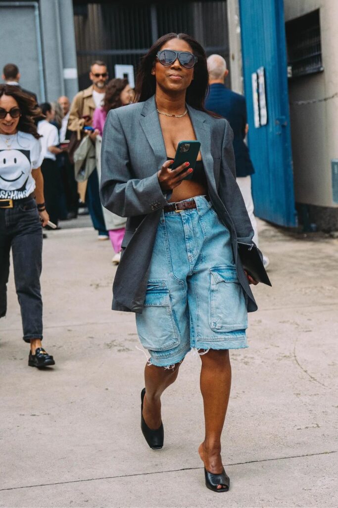 Street Style: The Little Black Bralette With a Denim Bermuda Short