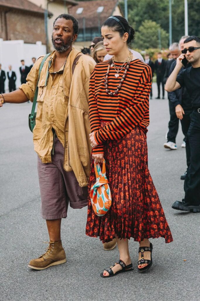 Street Style: A Long-Sleeve Striped Tee With a Floral-Printed Midiskirt