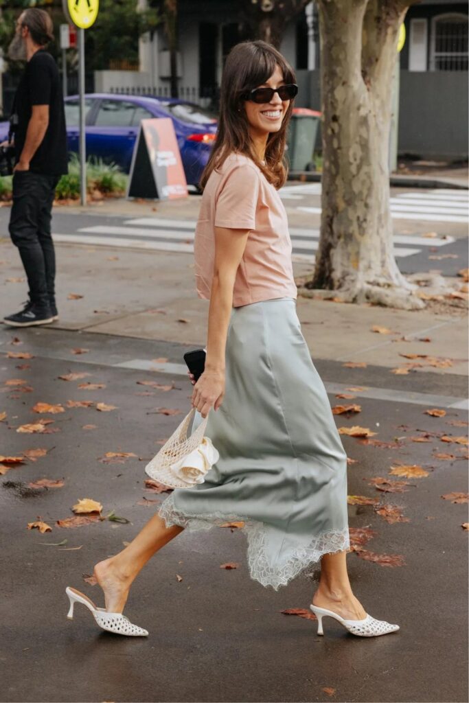 Street Style: The Summery Slip Skirt With a Woven Kitten Heel