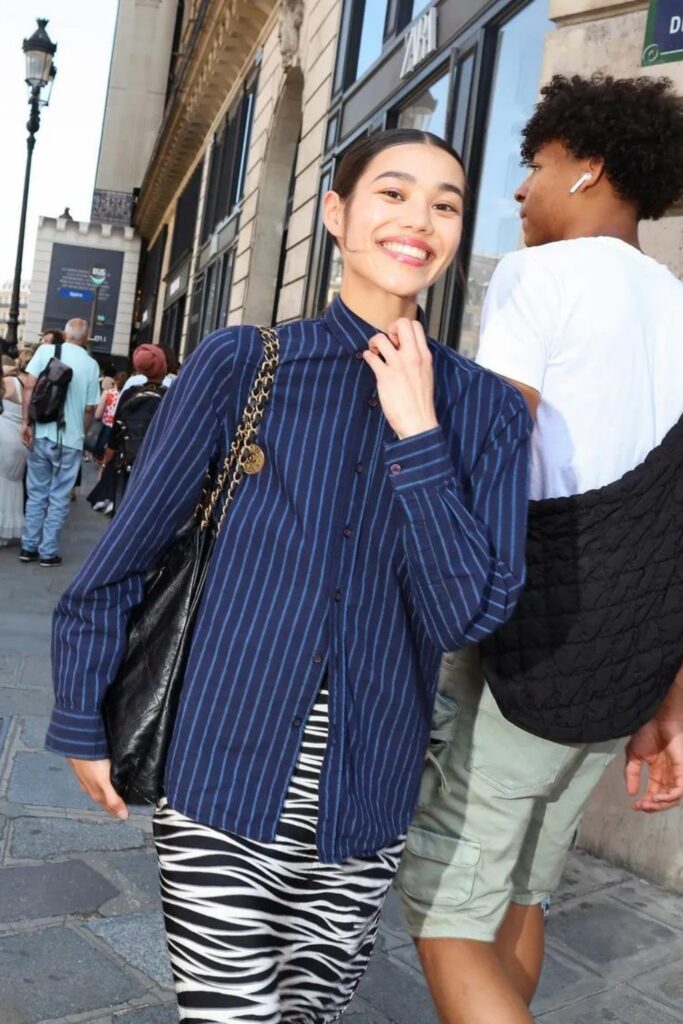 Street Style: Striped Shirt With a Zebra-Printed Midiskirt