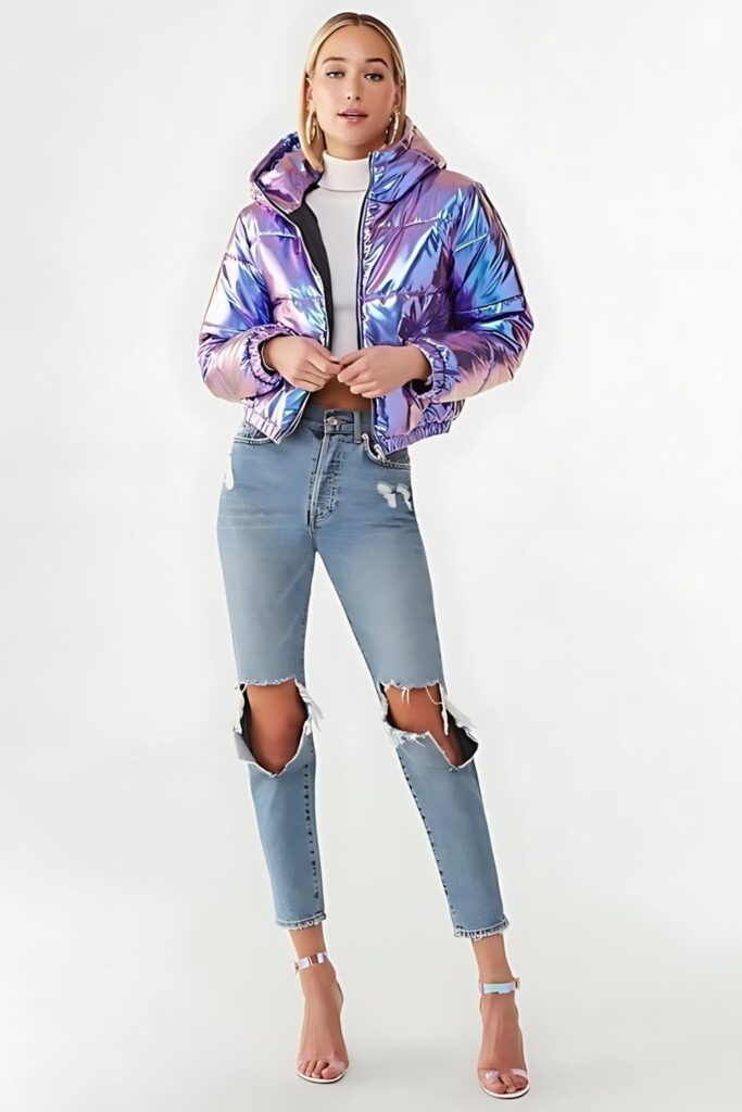 Street Style: Holographic Jacket with a Distressed Denim