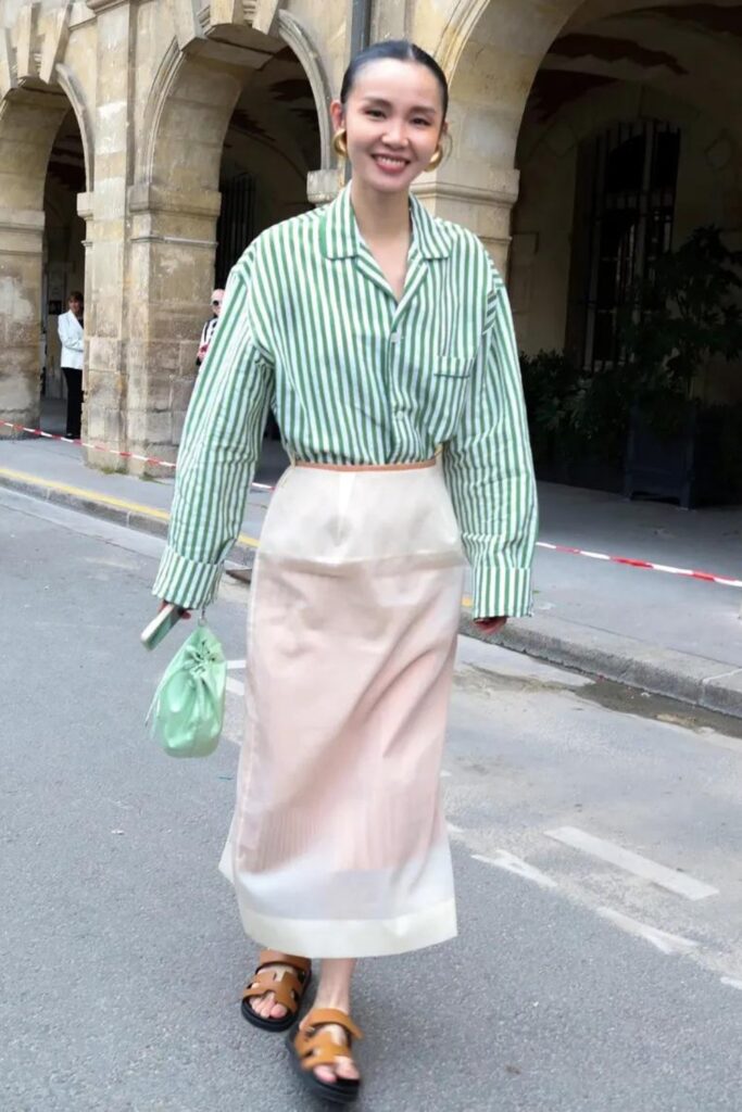 Street Style: Pajama-Like Top With a Sheer Midiskirt