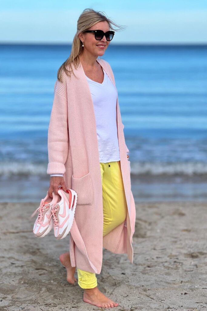 Relaxed Yellow Pants + Light Pink Cardigan