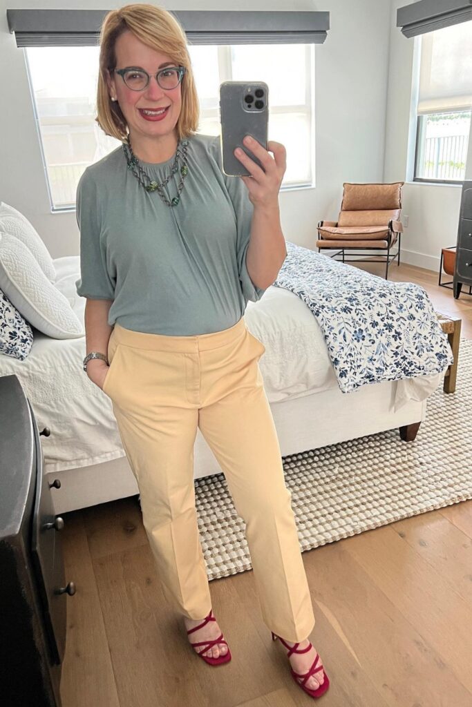 Sage Green Top + Light Yellow Trousers