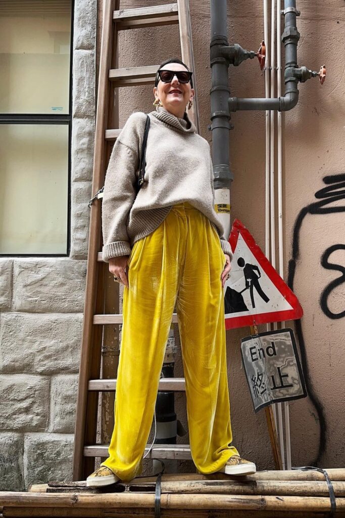 Oversized Beige Turtleneck + Yellow Wide-Leg Pants