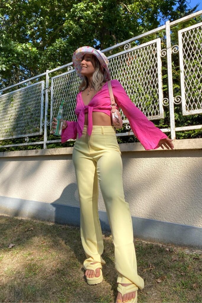 Bright Pink Crop Top + Pale Yellow Trousers