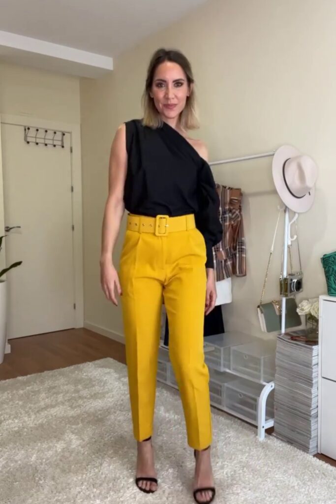 Black One-Shoulder Top + Yellow Pants