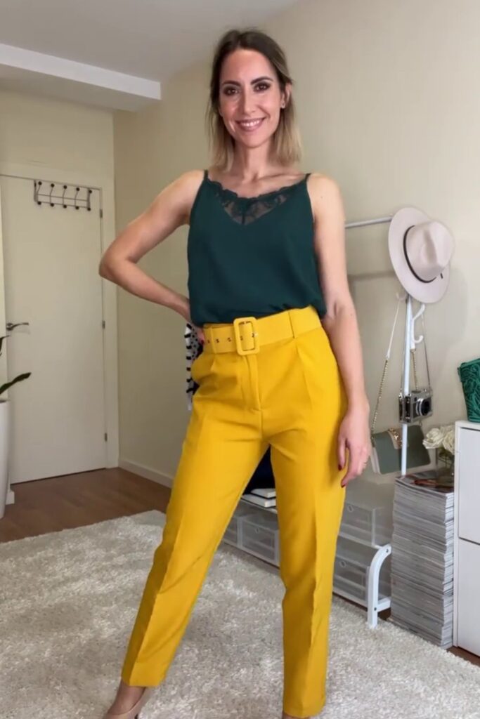 Dark Green Lace Camisole + Yellow Trousers