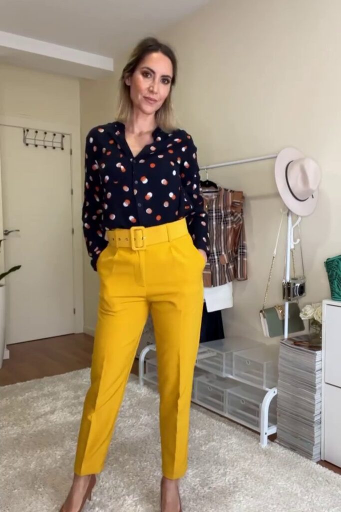 Black Polka Dot Blouse + Yellow Pants