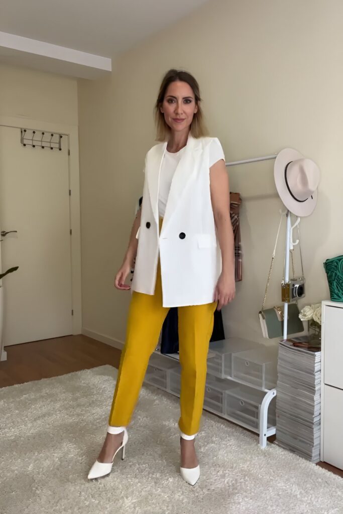 White Tee + Sleeveless Blazer Vest + Yellow Pants