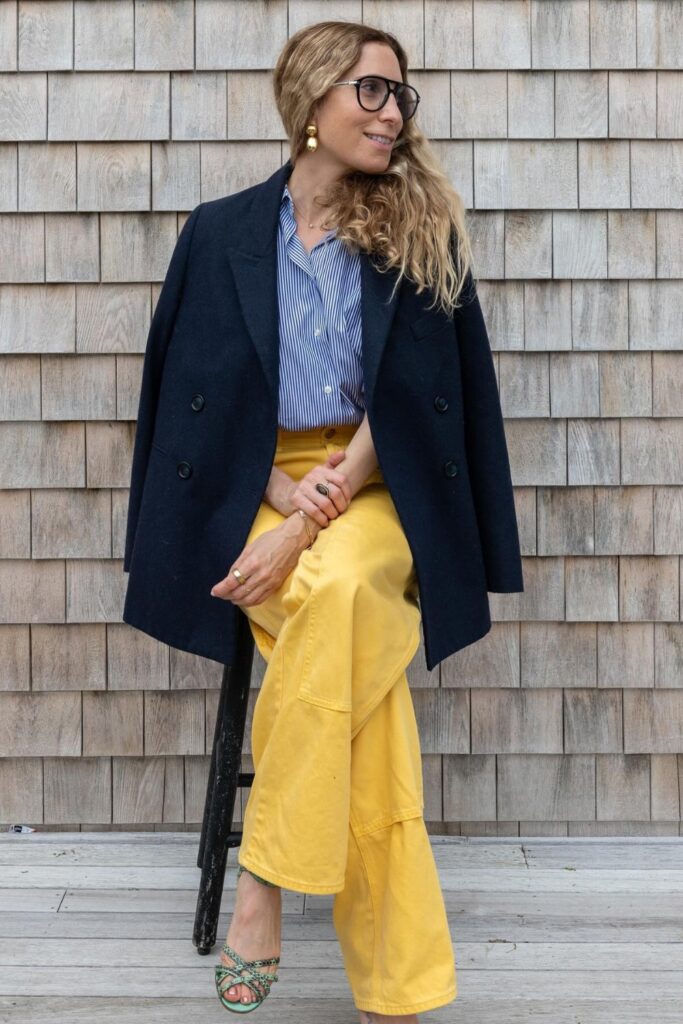 Striped Button-Up + Yellow Pants + Navy Blazer