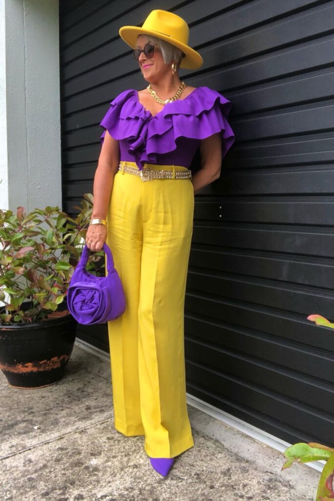 Purple Ruffled Top + Yellow Wide-Leg Trousers