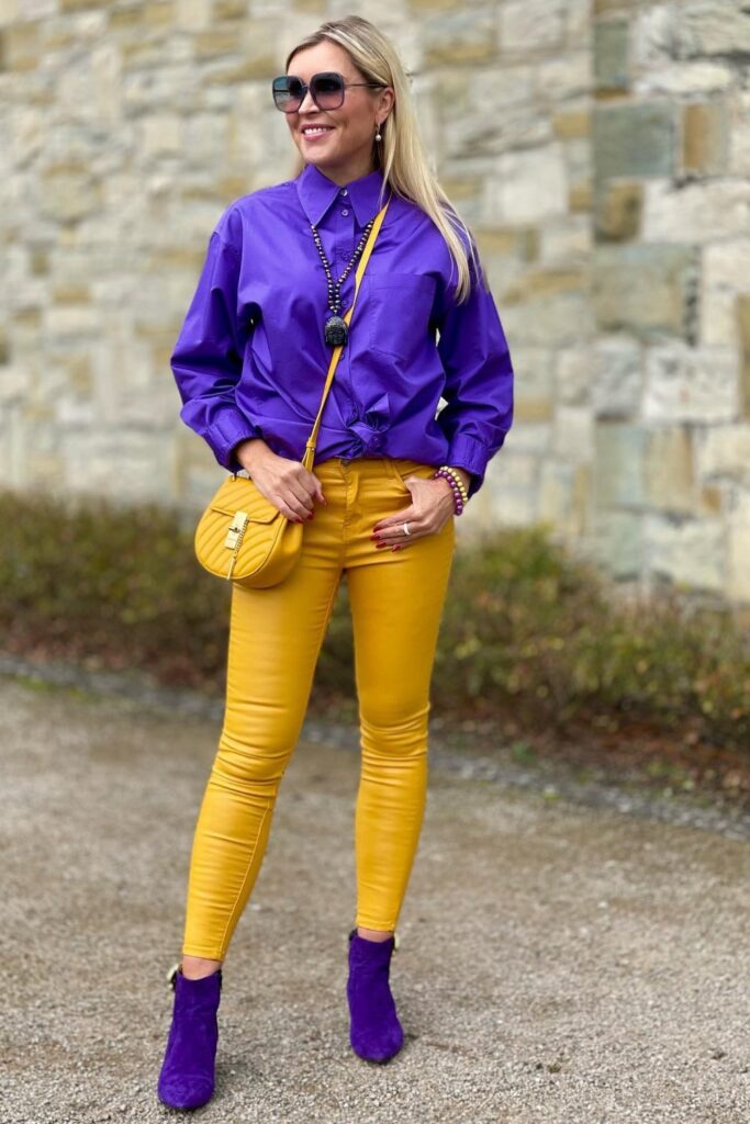 Purple Button-Up + Yellow Skinny Pants