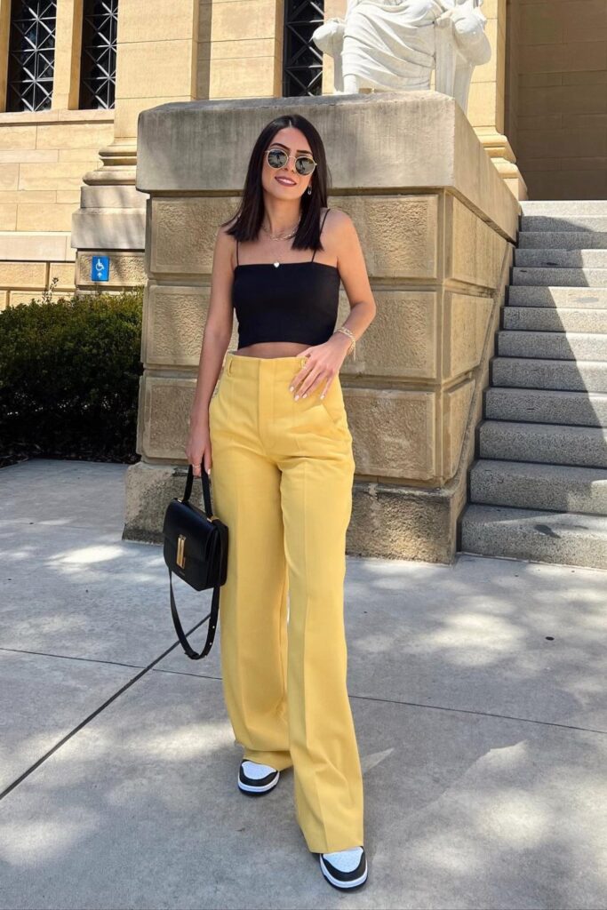 Black Crop Top + High-Waisted Yellow Trousers