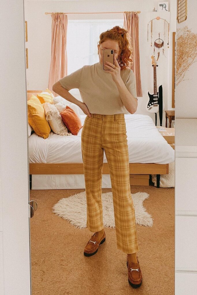 Cream Tee + Yellow Plaid Trousers