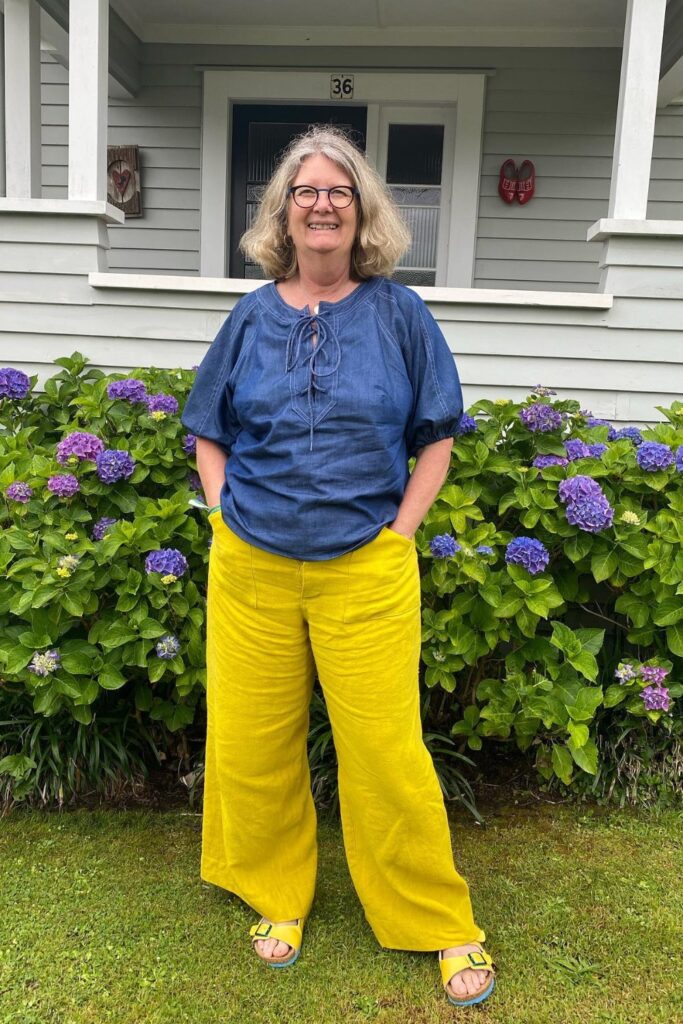 Blue Puff-Sleeved Blouse + Yellow Wide-Leg Pants