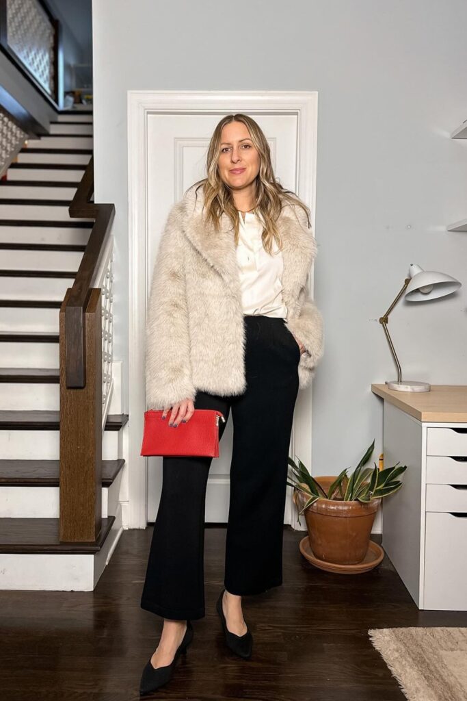 Fuzzy Coat, White Top and Bold Red Clutch