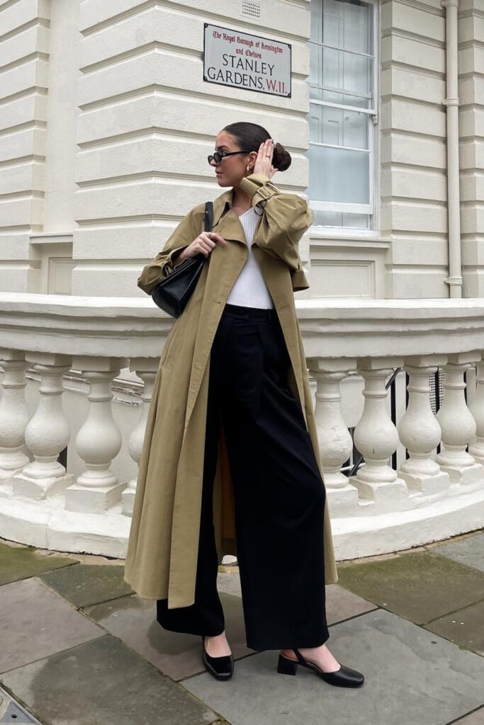 Trench Coat, White Top and Black Handbag