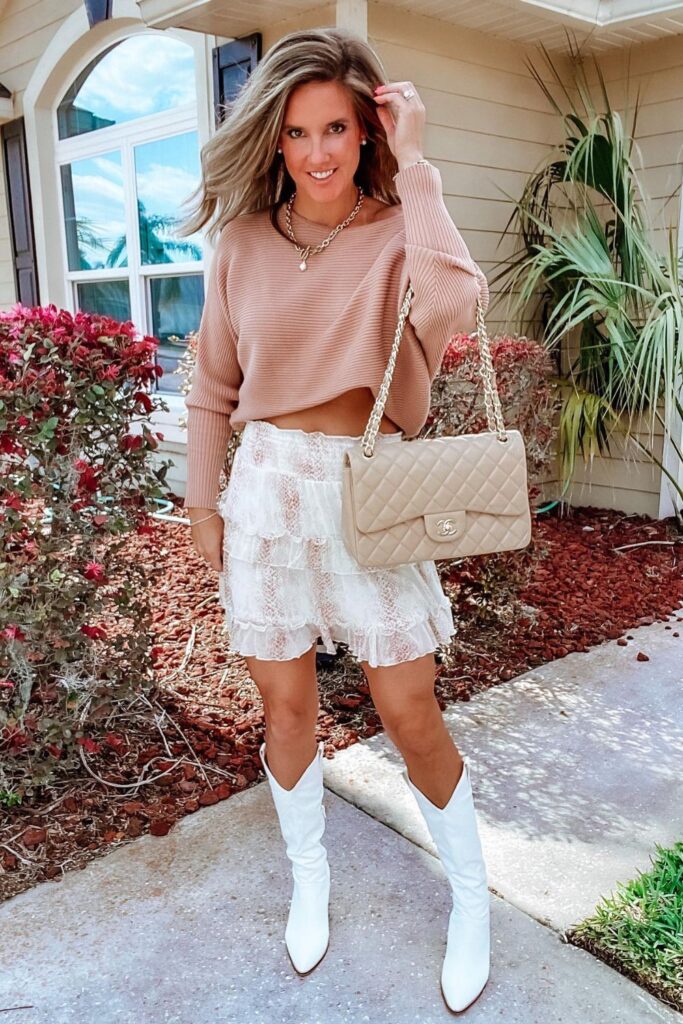 White Lace Skirt and Cowboy Boots