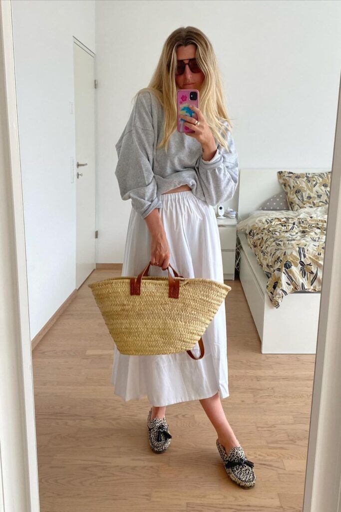 Flowing White Maxi Skirt and Sweatshirt