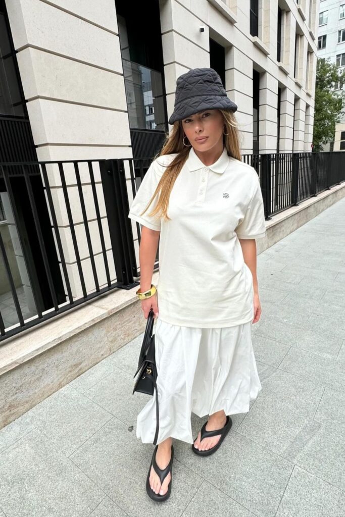 White Midi Skirt and Polo Outfit