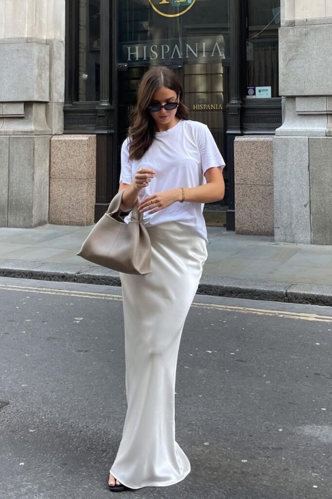 T-Shirt and Long White Skirt for a Casual Look