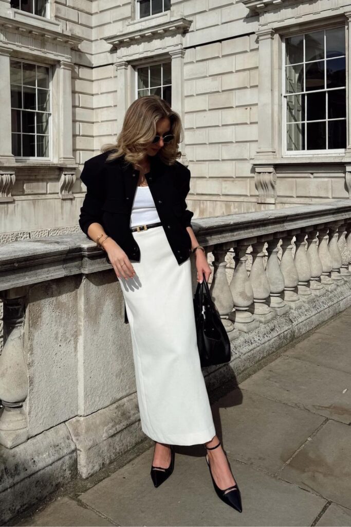 Belted White Skirt and Cropped Jacket