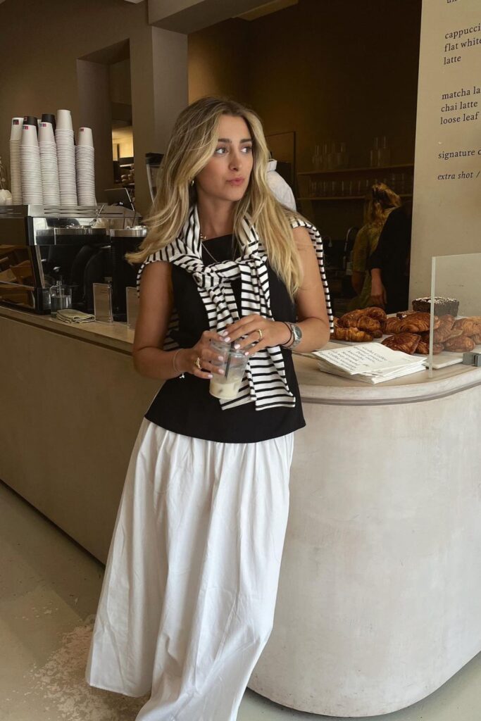 Long White Skirt and Black Sleeveless Top