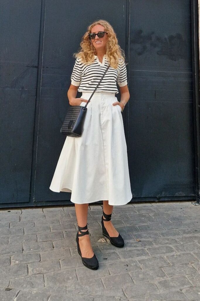 Flowy White Midi Skirt and Striped Top