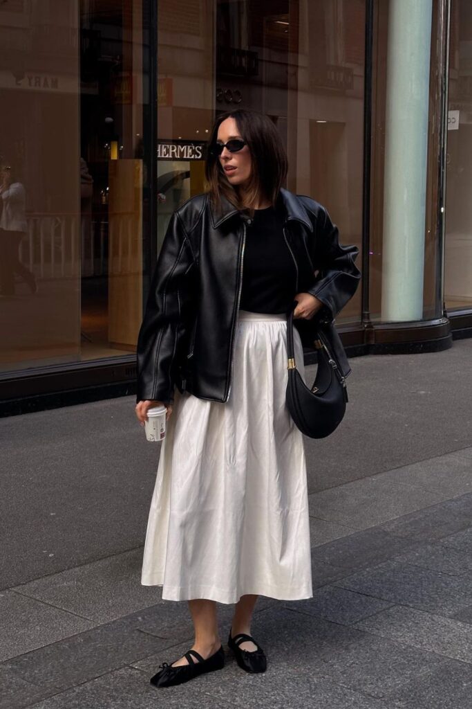 Leather Jacket, Black Top and White Skirt