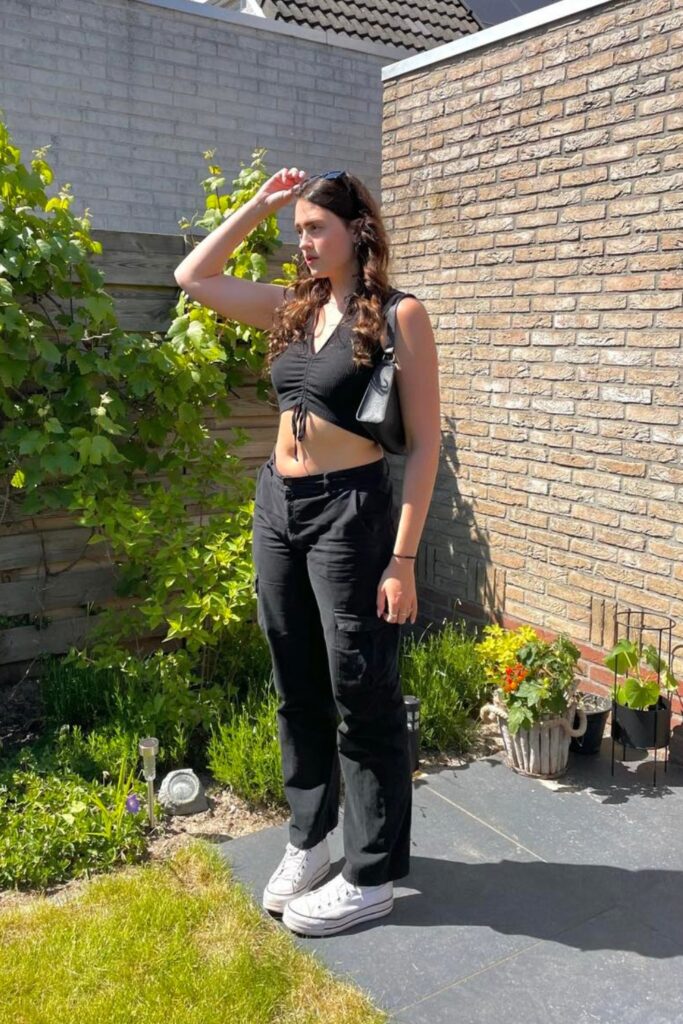 black cargo pant With a Ruched Crop Top