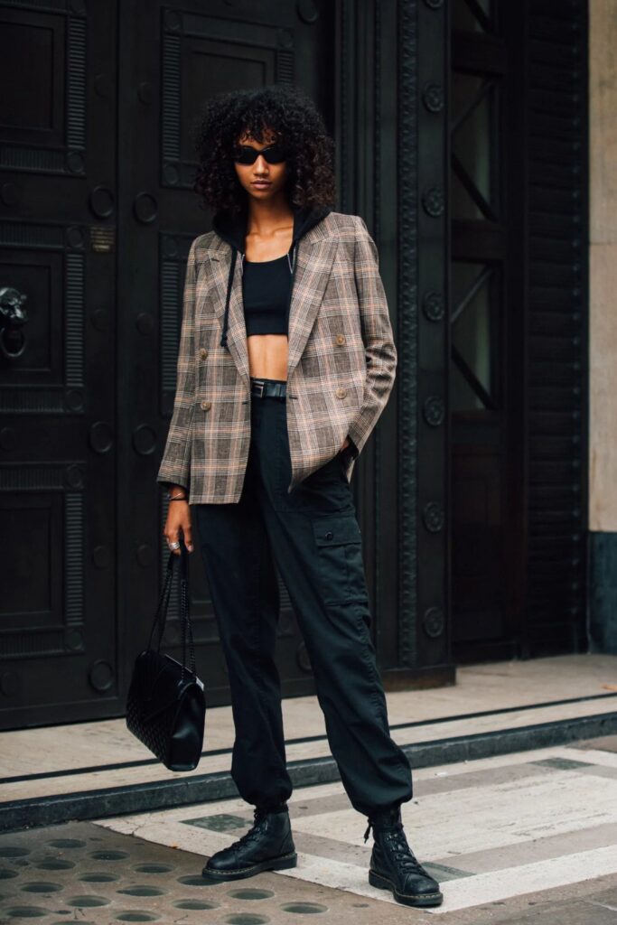 black cargo pant With a Crop Top and Checkered Blazer