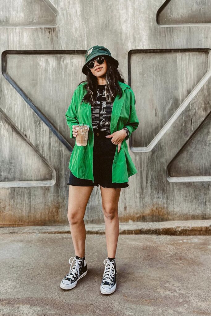 Oversized Green Shirt and Black Shorts