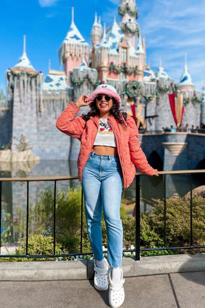 Puffer Jacket Over Cropped Mickey Mouse Tee